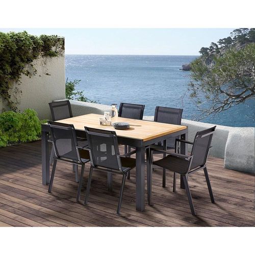 Ensemble Baliteck 6/10p En Aluminium Noir, Plateau En Teck Avec 6 Fauteuils