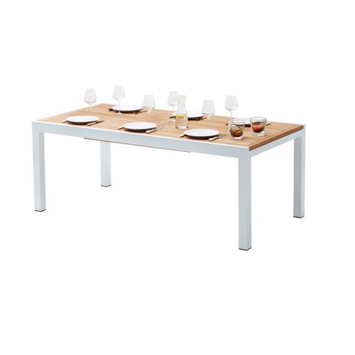 Ensemble Baliteck 8/12p En Alu Blanc, Plateau En Teck Avec 8 Fauteuils Et 4 Chaises Pliantes En Alu