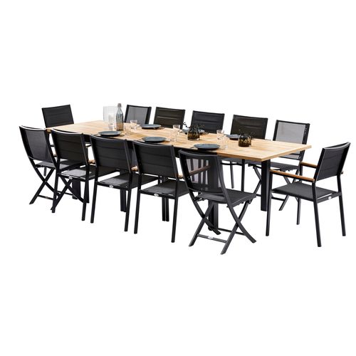Ensemble Baliteck 8/12p En Alu Noir, Plateau En Teck Avec 8 Fauteuils Et 4 Chaises Pliantes En Alu