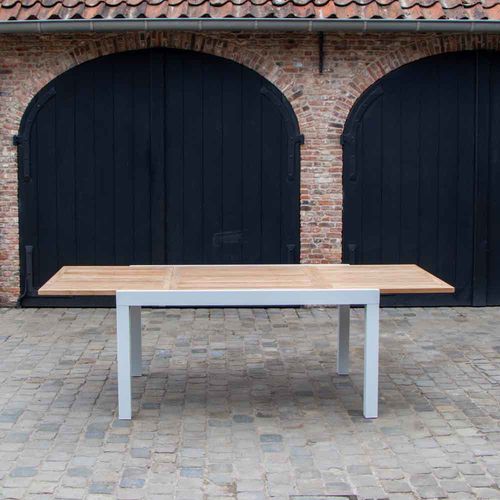 Table Baliteck 6/10 Personnes Structure Aluminium Blanche, Plateau En Lame De Teck