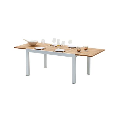Table Baliteck 6/10 Personnes Structure Aluminium Blanche, Plateau En Lame De Teck