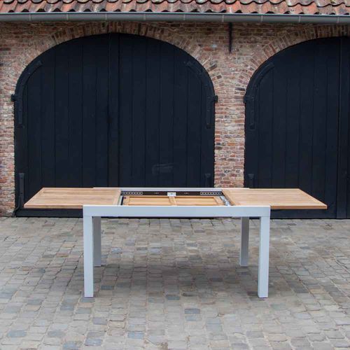 Table Baliteck 6/10 Personnes Structure Aluminium Blanche, Plateau En Lame De Teck