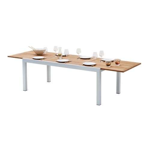 Table Baliteck 8/12 Personnes Structure Aluminium Blanche, Plateau En Lame De Teck