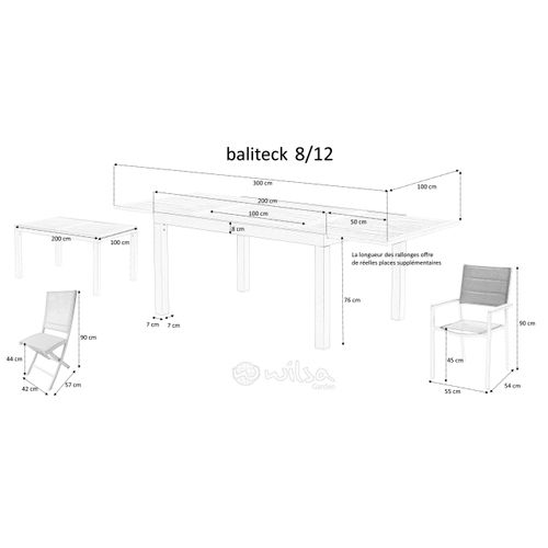 Table Baliteck 8/12 Personnes Structure Aluminium Blanche, Plateau En Lame De Teck