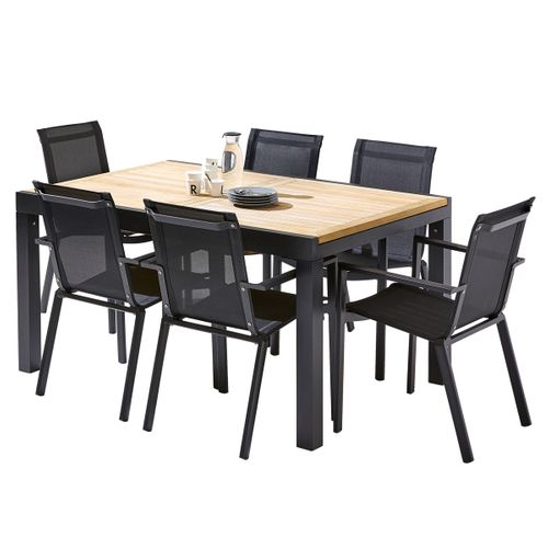 Table Baliteck 6/10 Personnes Structure Aluminium Noire, Plateau En Lame De Teck