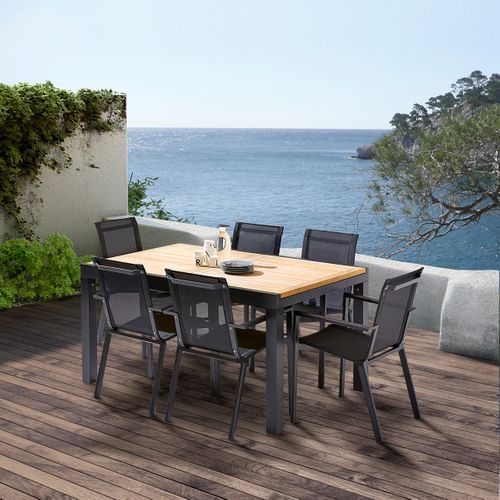 Table Baliteck 6/10 Personnes Structure Aluminium Noire, Plateau En Lame De Teck