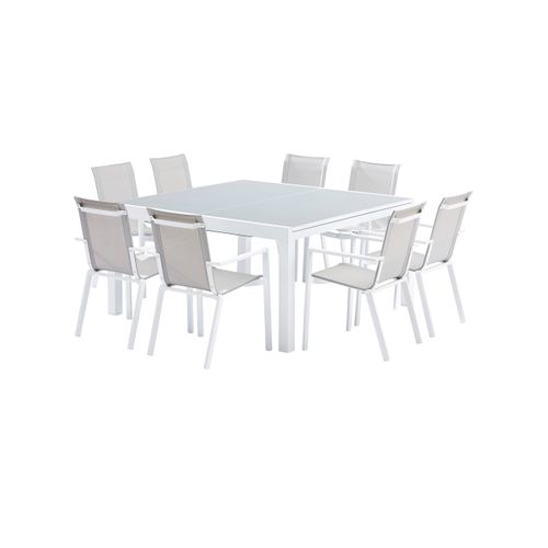 Ensemble Whitestar 8/12p En Aluminium Blanc Et Verre Blanc Avec 8 Fauteuils En Textilène