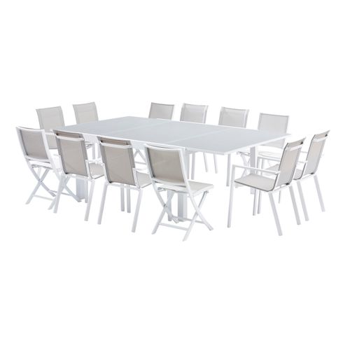 Ensemble Whitestar 8/12p En Alu Blanc Et Verre Blanc, 8 Fauteuils Et 4 Chaises Pliantes En Alu