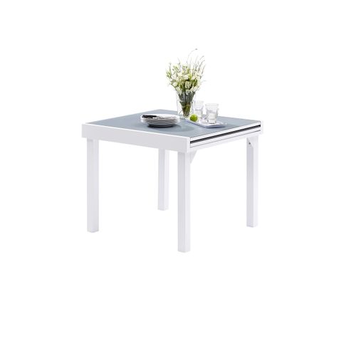 Ensemble Modulo 4/8p En Aluminium Blanc Et Verre Trempé Gris Perle Avec 4 Fauteuils En Textilène
