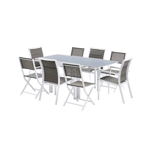 Ensemble Modulo 4/8p En Alu Blanc Et Verre Trempé Gris, 4 Fauteuils Et 4 Chaises Pliantes En Alu