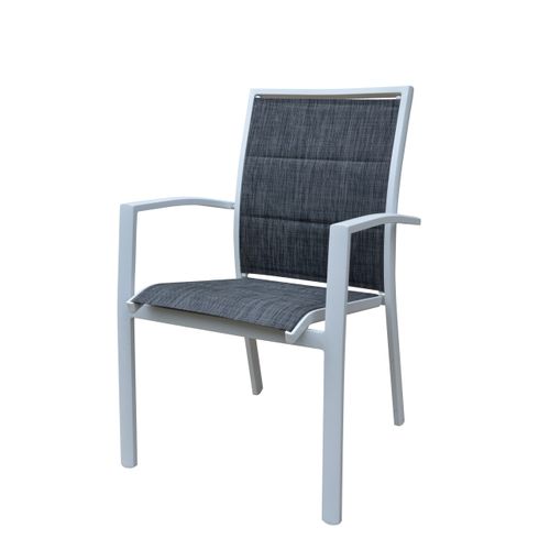 Ensemble Modulo 8/12p En Aluminium Blanc Et Verre Trempé Gris Perle Avec 8 Fauteuils En Textilène
