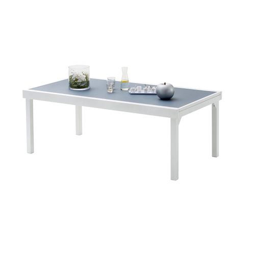 Ensemble Modulo 8/12p En Aluminium Blanc Et Verre Trempé Gris Perle Avec 12 Fauteuils En Textilène