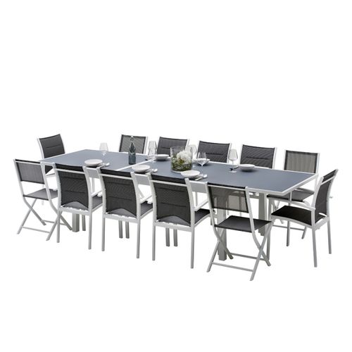 Table Modulo 8/12 Personnes Structure En Aluminium Blanche, Plateau En Verre Coloris Gris Perle