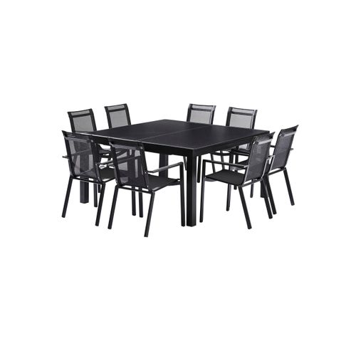 Ensemble Blackstar 8/12p En Aluminium Noir Et Verre Noir Avec 8 Fauteuils En Textilène