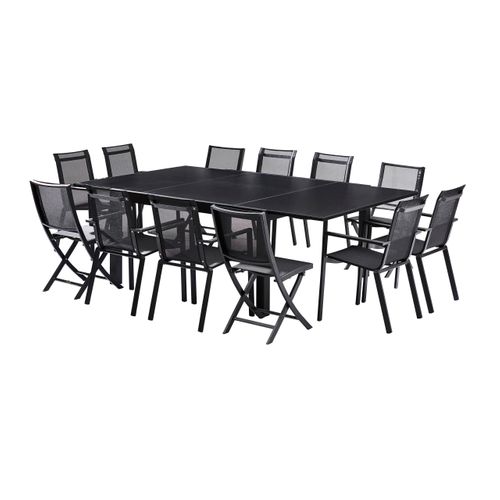 Ensemble Blackstar 8/12p En Alu Noir Et Verre Noir Avec 8 Fauteuils Et 4 Chaises Pliantes En Alu
