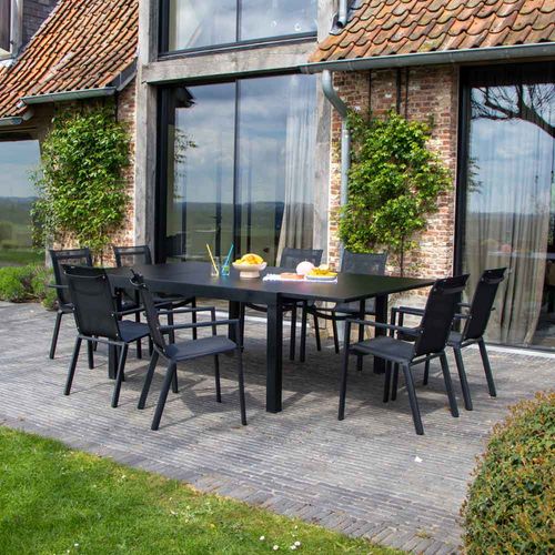 Ensemble Blackstar 8/12p En Alu Noir Et Verre Noir Avec 8 Fauteuils Et 4 Chaises Pliantes En Alu