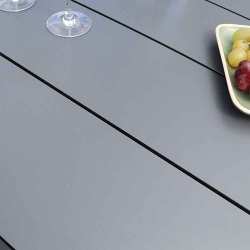 Ensemble Hpl 6/10p En Aluminium Noir Et Plateau En Hpl Gris Avec 6 Fauteuils En Textilène