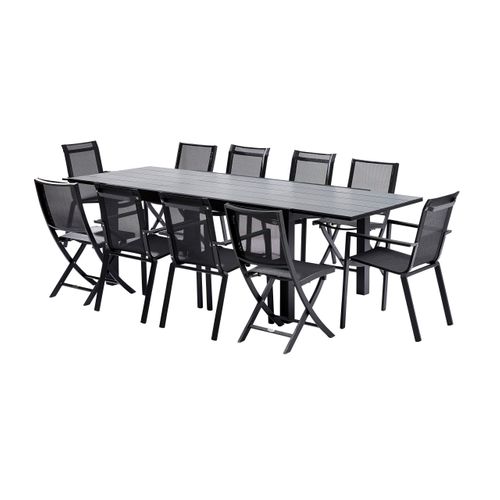 Ensemble Hpl 6/10p En Alu Noir Et Plateau En Hpl Gris Avec 6 Fauteuils Et 4 Chaises Pliantes En Alu