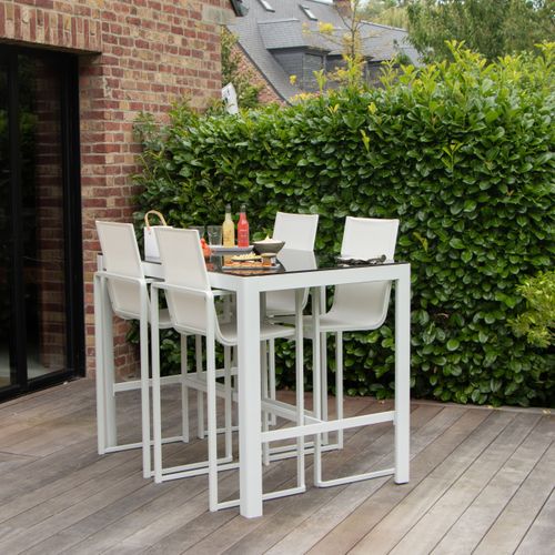 Ensemble Barset En Alu Blanc Avec Plateau Réversible Coté Pierre Et Coté Verre, 4 Chaises Hautes