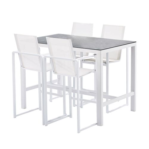 Ensemble Barset En Alu Blanc Avec Plateau Réversible Coté Pierre Et Coté Verre, 4 Chaises Hautes