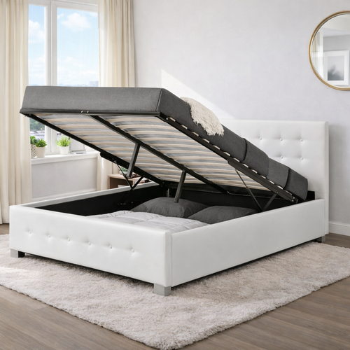 Lit Newington - Structure De Lit Capitonnée Blanc Avec Coffre De Rangement Intégré - 160x200 Cm