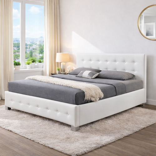 Lit Newington - Structure De Lit Capitonnée Blanc Avec Coffre De Rangement Intégré - 160x200 Cm