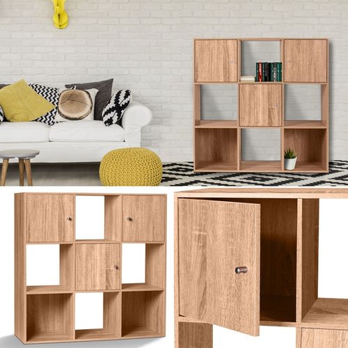 Meuble De Rangement Cube Rudy 9 Cases Bois Façon Hêtre Avec 3 Portes