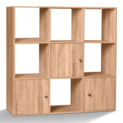 Meuble De Rangement Cube Rudy 9 Cases Bois Façon Hêtre Avec 3 Portes