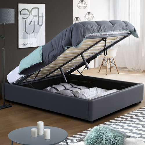 Lit Coffre Double Miami Avec Sommier 140 X 190 Cm Pvc Gris