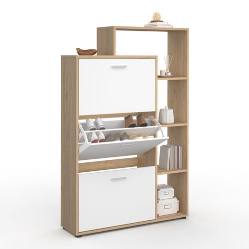 Meuble à Chaussures 18 Paires Klark Imitation Hêtre 3 Portes Blanches Avec Étagère