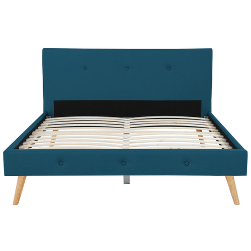 Lit Double Scandinave Oslo Avec Tête De Lit Et Sommier 140 X 190 Cm Tissu Bleu Canard