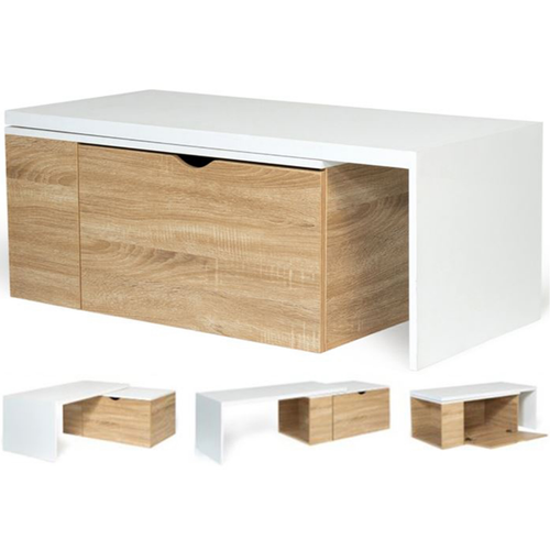 Table Basse Rotative Bois Et Blanc 360° Lizzi Extensible Avec Coffre