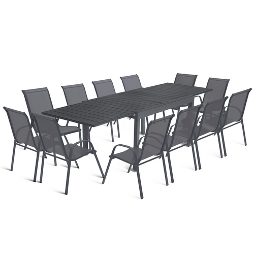 Salon De Jardin Poly Table Extensible 135-270 Cm Et 12 Chaises Gris Foncé