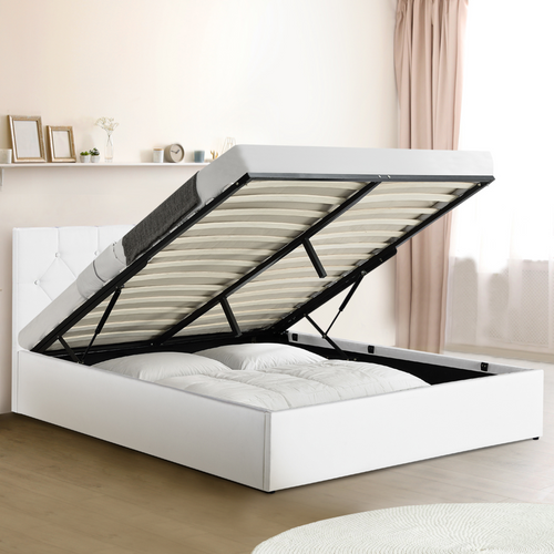 Lit Coffre Double Austin Avec Tête De Lit Et Sommier 160 X 200 Cm Pvc Blanc