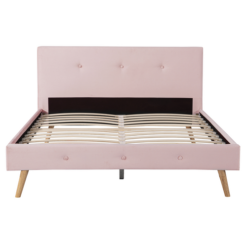 Lit Double Scandinave Oslo Avec Tête De Lit Et Sommier 140 X 190 Cm Tissu Rose Clair Effet Velours