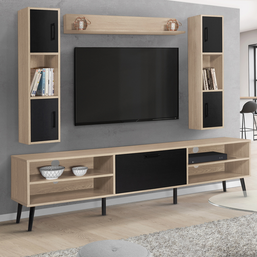 Ensemble Meuble TV 180 Cm Et Étagères Houston Bois Et Noir