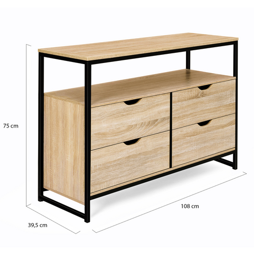 Commode 4 Tiroirs Detroit 110 Cm Design Industriel Avec Étagère