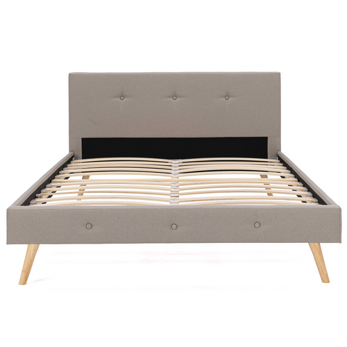 Lit Double Scandinave Oslo Avec Tête De Lit Et Sommier 140 X 190 Cm Tissu Beige Effet Lin