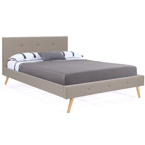 Lit Double Scandinave Oslo Avec Tête De Lit Et Sommier 140 X 190 Cm Tissu Beige Effet Lin