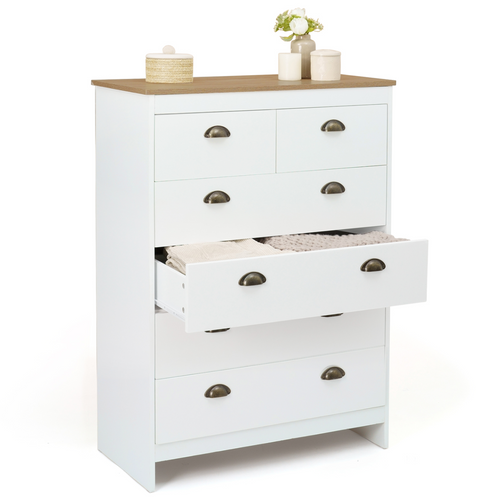 Commode 6 Tiroirs Isis 80 Cm Blanc Et Plateau Bois