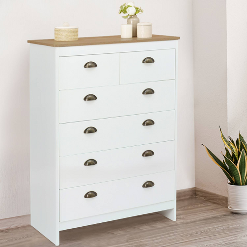 Commode 6 Tiroirs Isis 80 Cm Blanc Et Plateau Bois