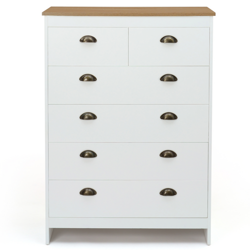 Commode 6 Tiroirs Isis 80 Cm Blanc Et Plateau Bois