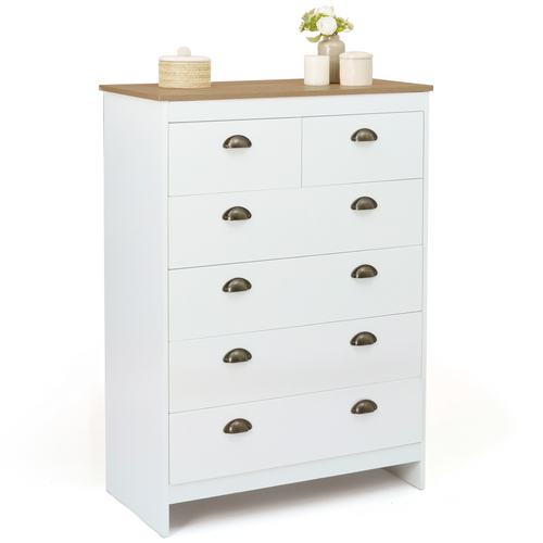 Commode 6 Tiroirs Isis 80 Cm Blanc Et Plateau Bois