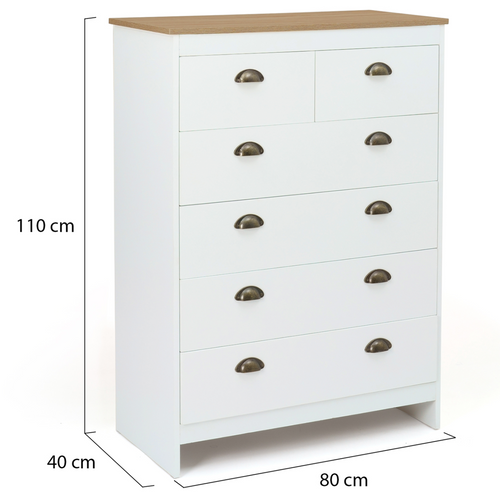 Commode 6 Tiroirs Isis 80 Cm Blanc Et Plateau Bois