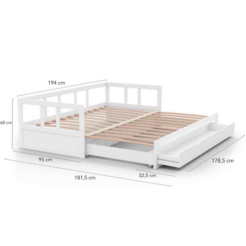 Lit Banquette 90 X 190 Cm Zoya Convertible 180 X 190 Cm Blanc Avec 1 Tiroir De Rangement
