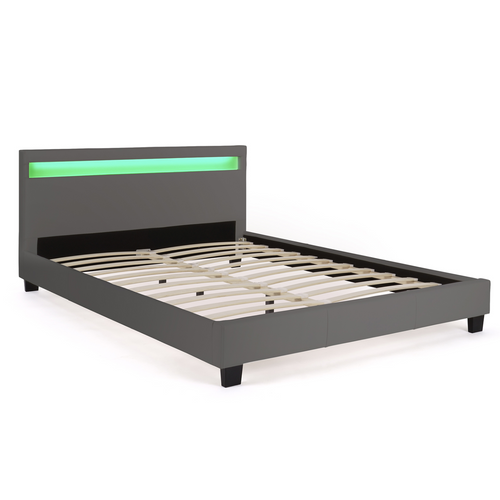 Lit Double Neo Avec Tête De Lit LED Intégrées Et Sommier 140 X 190 Cm Pvc Gris