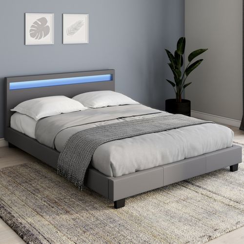 Lit Double Neo Avec Tête De Lit LED Intégrées Et Sommier 140 X 190 Cm Pvc Gris