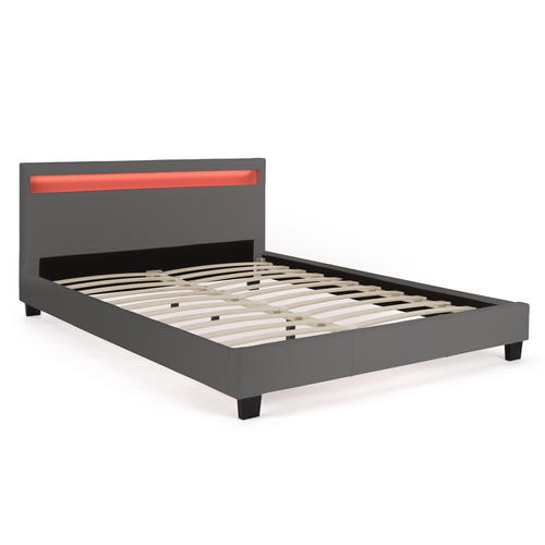 Lit Double Neo Avec Tête De Lit LED Intégrées Et Sommier 140 X 190 Cm Pvc Gris