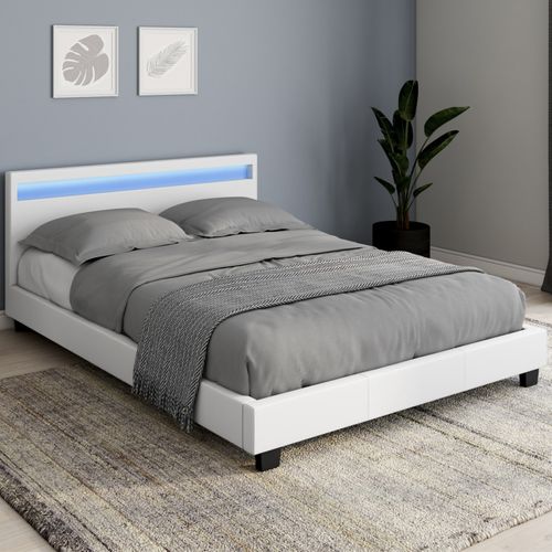 Lit Double Neo Avec Tête De Lit LED Intégrées Et Sommier 140 X 190 Cm Pvc Blanc
