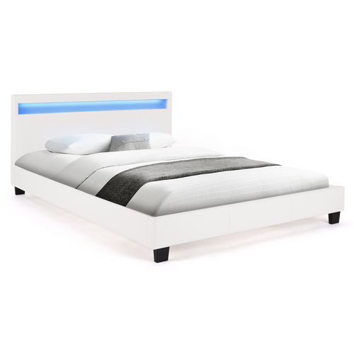 Lit Double Neo Avec Tête De Lit LED Intégrées Et Sommier 140 X 190 Cm Pvc Blanc